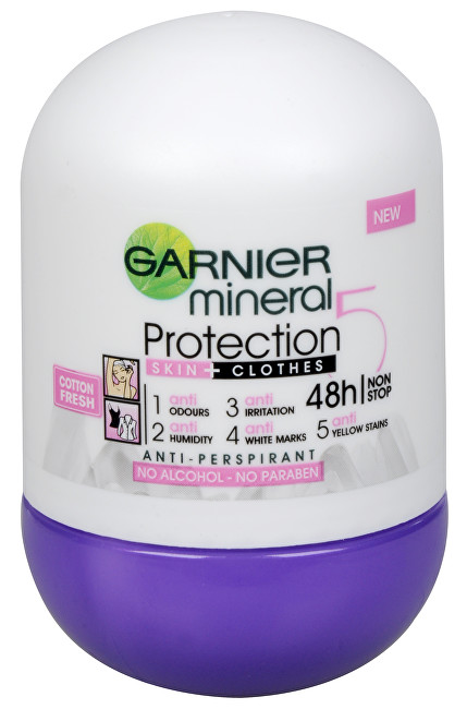Garnier Minerálne antiperspirant 5 Pro Tection Cotton Fresh 48h Roll-on pre ženy 50 ml