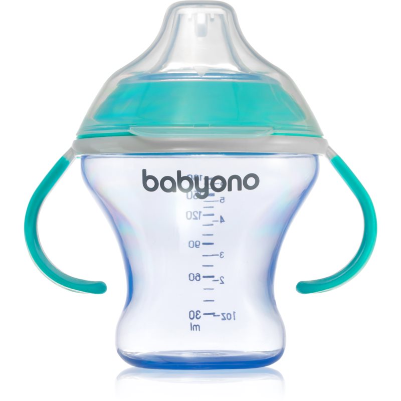 BabyOno Take Care Non-spill Cup with Soft Spout tréningový hrnček s držadlami Turquoise 3 m 180 ml