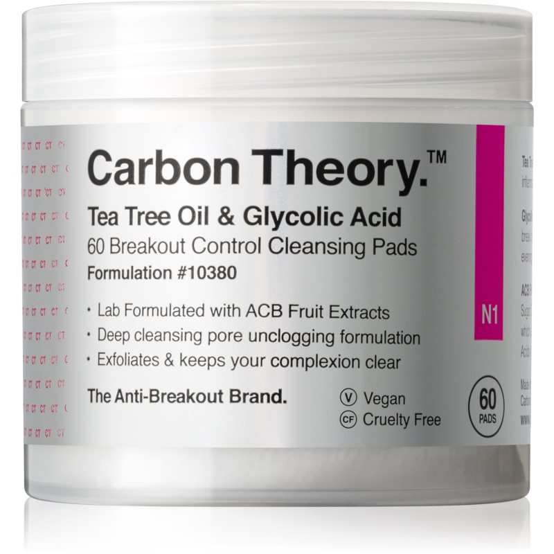 Carbon Theory Tea Tree Oil  Glycolic Acid čistiace tampóny pre rozjasnenie a vyhladenie pleti 60 ks
