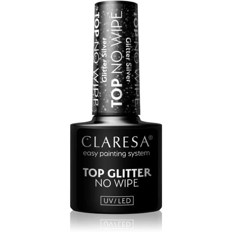 Claresa UVLED Top Glitter No Wipe gélový vrchný lak na nechty trblietavý odtieň Glitter Silver 5 g