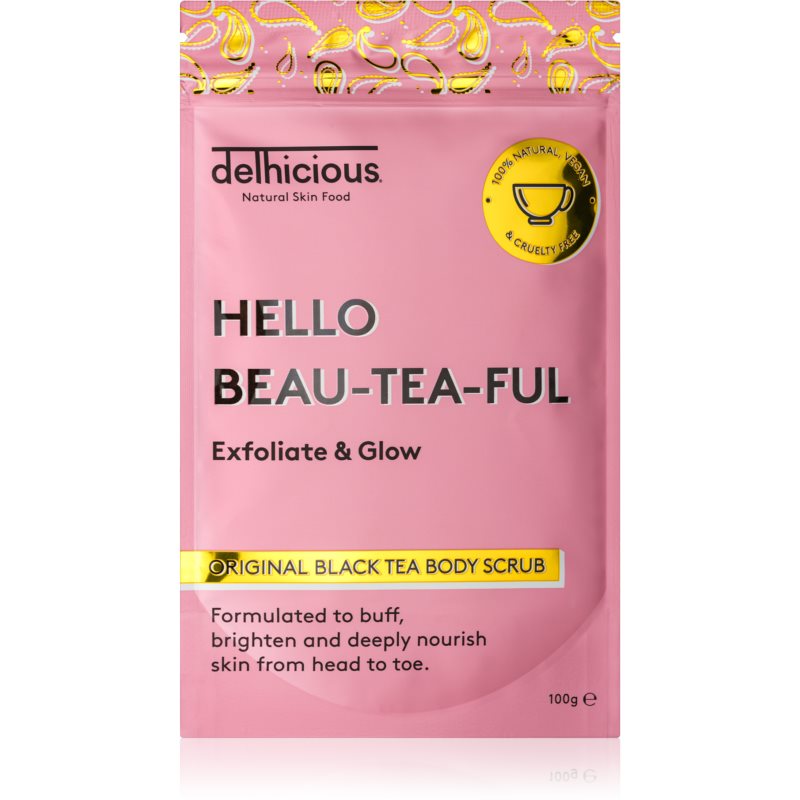 delhicious HELLO BEAU-TEA-FUL ORIGINAL BLACK TEA vyhladzujúci telový peeling 100 g