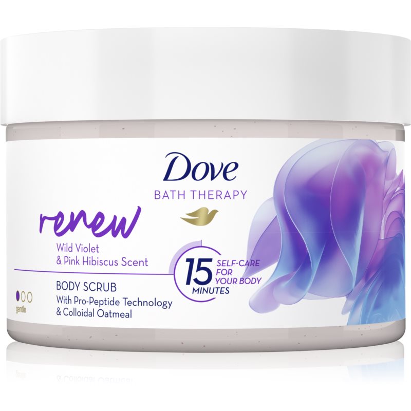 Dove Bath Therapy Renew jemný telový peeling Wild Violet  Pink Hibiscut 295 ml