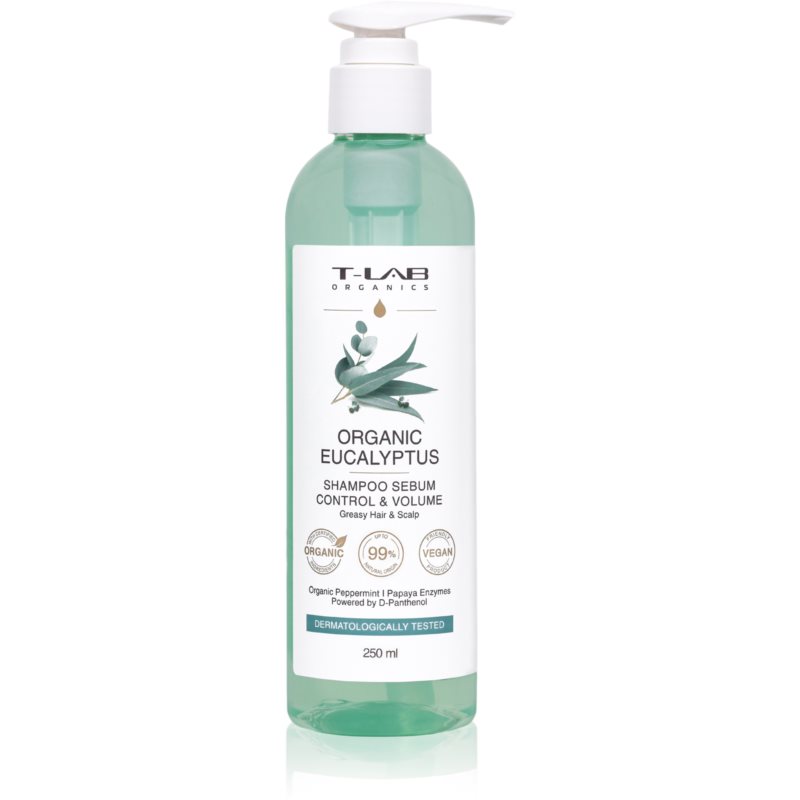 T-LAB Organics Eucalyptus Sebum Control  Volume Shampoo šampón pre mastnú vlasovú pokožku s upokojujúcim účinkom 250 ml