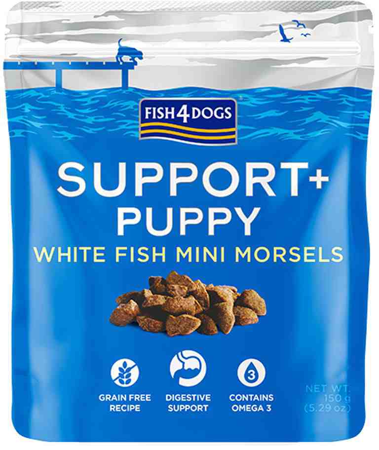 FISH4DOGS Maškrty pre šteniatka na podporu trávenia s kúskami bielej ryby a prebiotikami 150g