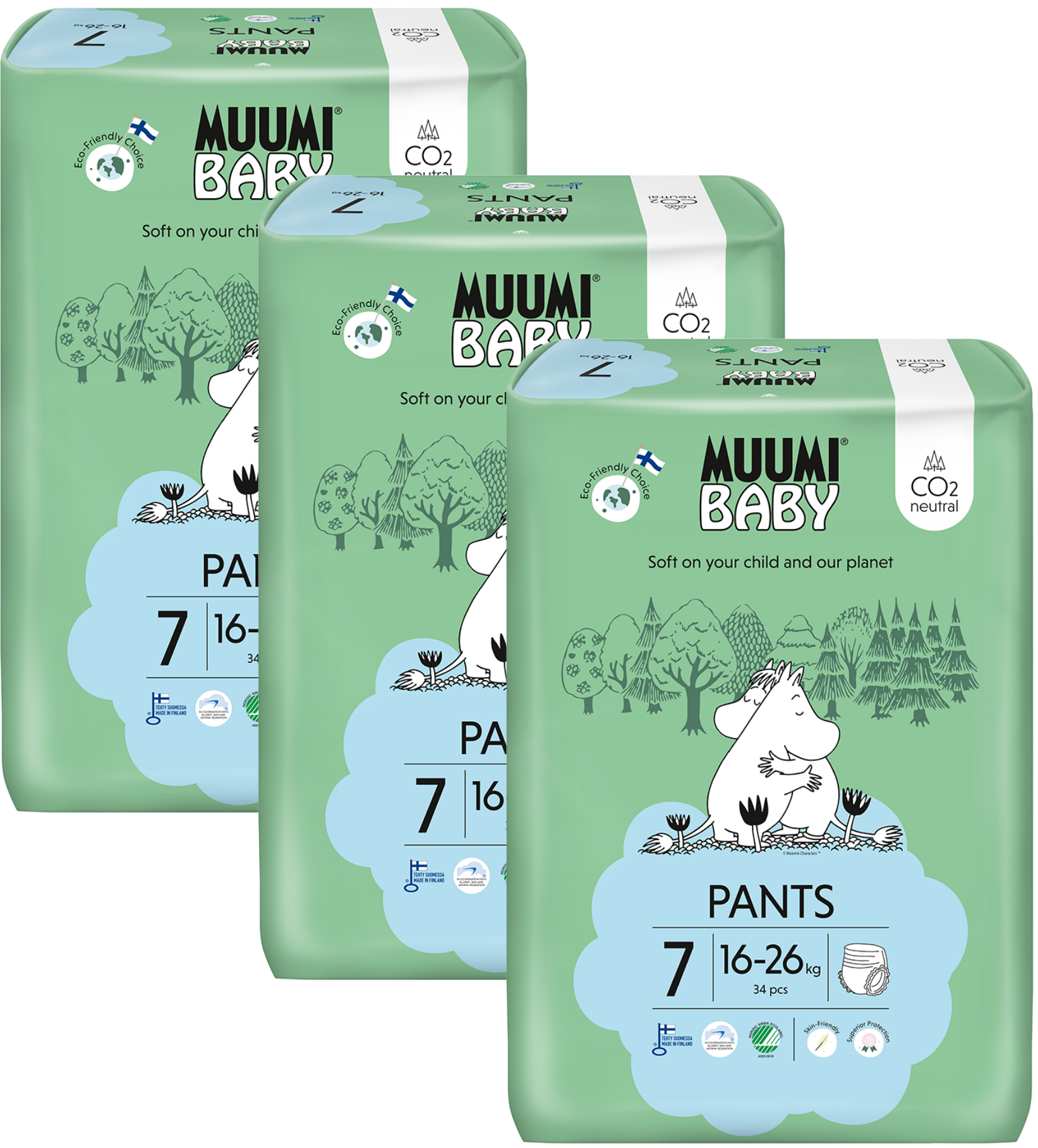 Muumi Baby Pants 7 XL 16-26 kg, mesačné balenie nohavičkových eko plienok