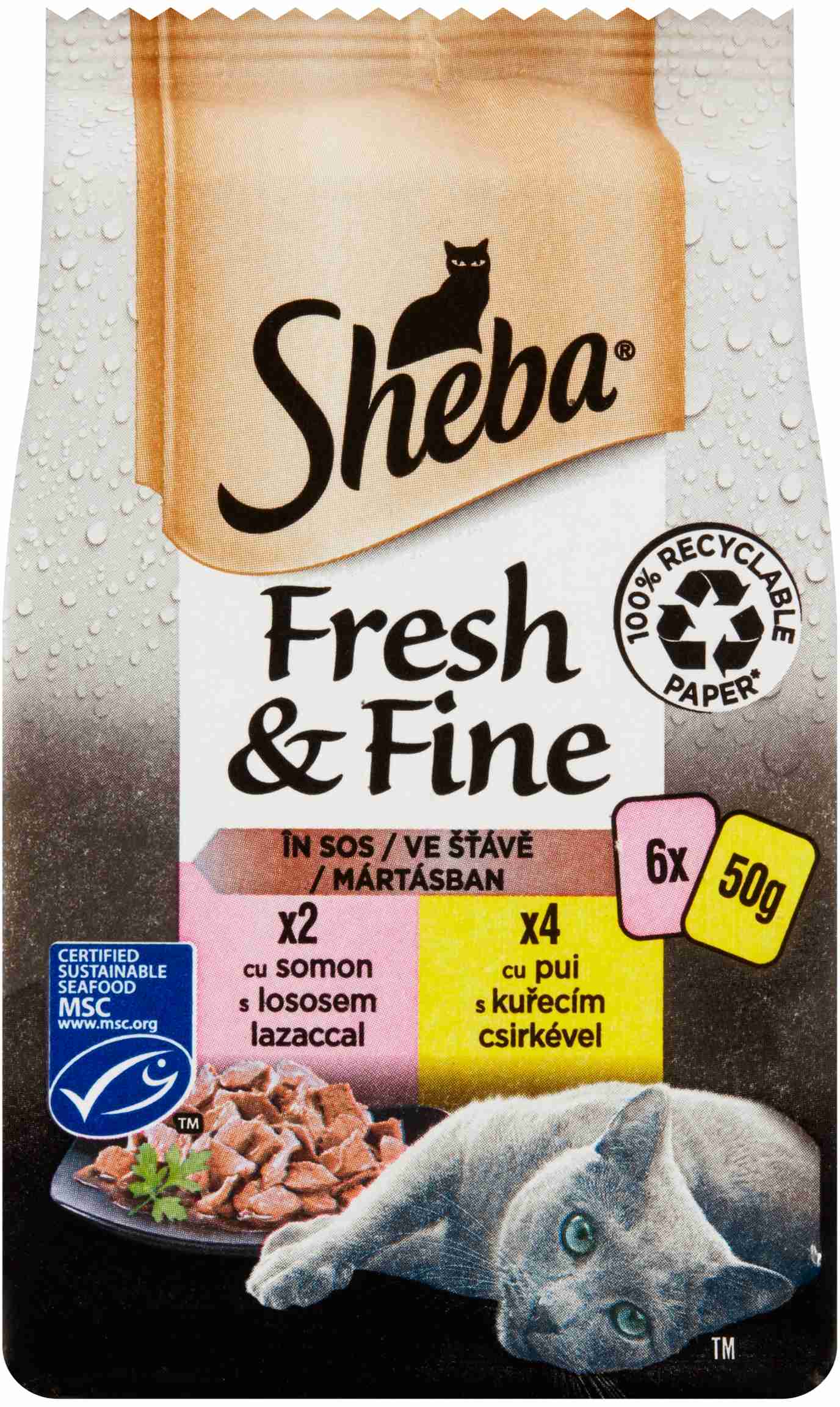 Sheba Kapsička FreshFine Mix Kura A Losos 6x50g