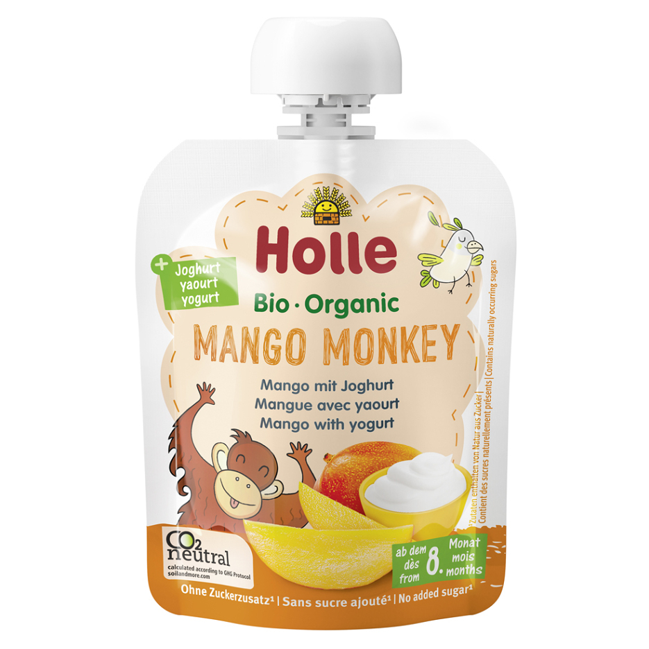 HOLLE Bio mango monkey detské ovocné pyré s jogurtom 85 g