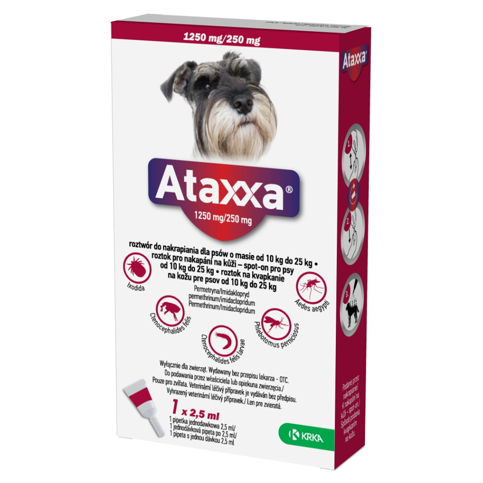 ATAXXA 1250 mg250 mg roztok na kvapkanie na kožu pre psov od 10 kg do 25 kg 1 pipeta