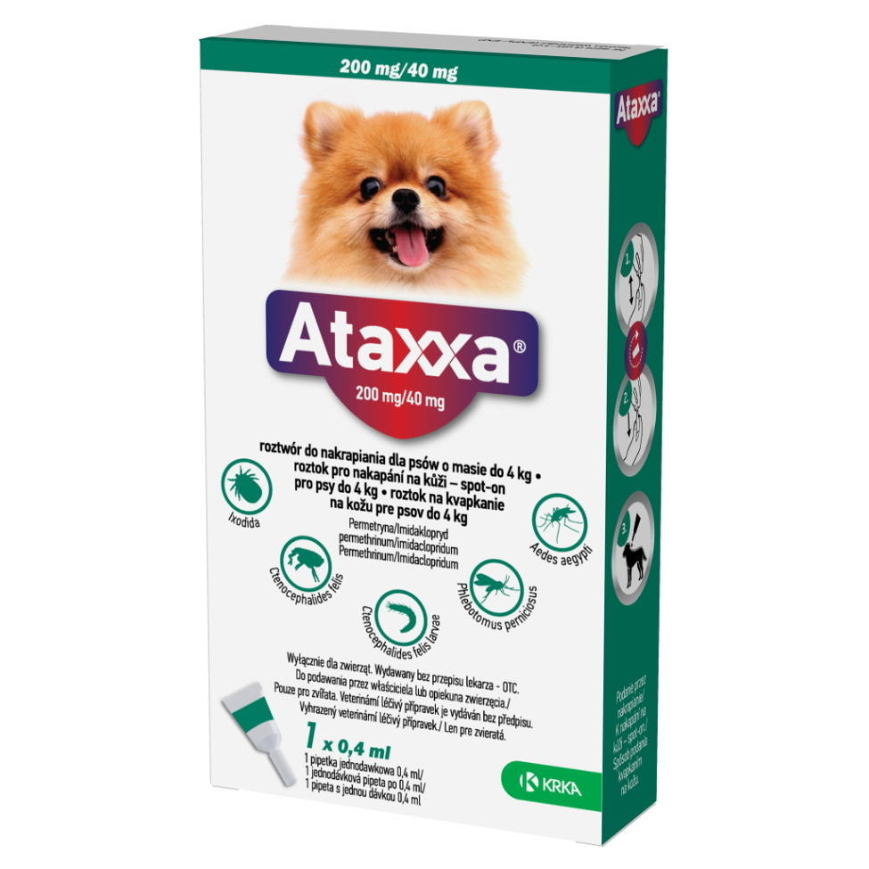 ATAXXA 200 mg40 mg roztok na kvapkanie na kožu pre psov do 4 kg 1 pipeta