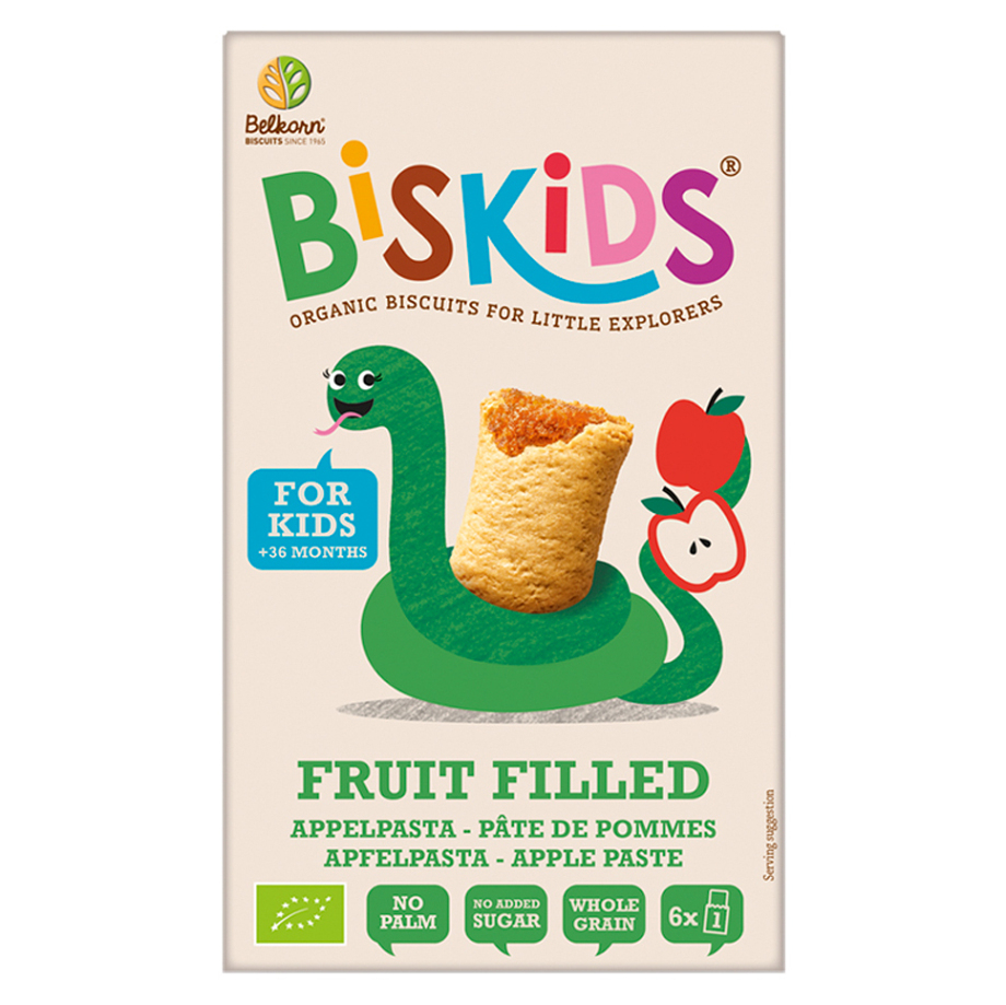 BELKORN BISkids BIO mäkké detské sušienky s jablčným pyré bez pridaného cukru 35  percent ovocia 150 g