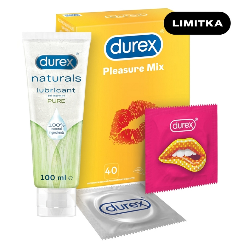 DUREX Pleasure mix 40 kusov  Naturals pure lubrikačný gél 100 ml ZADARMO