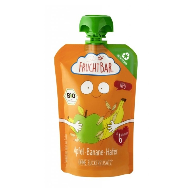 FRUCHTBAR 100 percent Recyklovateľné BIO ovocné vrecko s jablkom, pomarančom, banánom a ovsom 6m 100 g