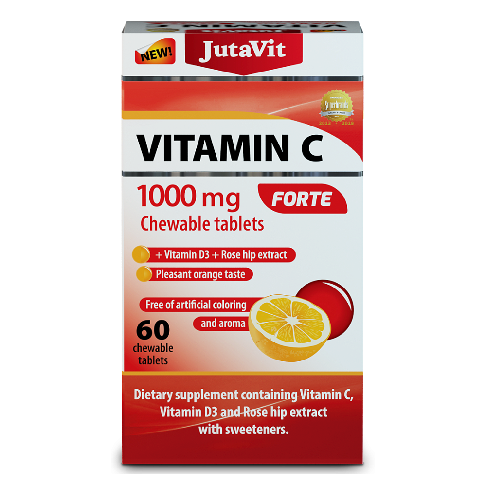 JUTAVIT Vitamín C 1000mg Forte, vitamín D3 2000IU, extrakt zo šípok 25 mg pomarančová príchuť 60 žuvacích tabliet