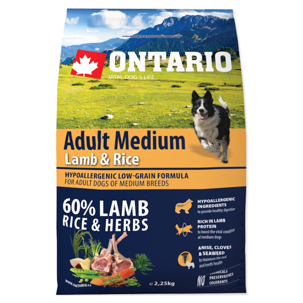 ONTARIO Adult Medium Lamb  Rice granule pre psov 1 ks, Hmotnosť balenia (g): 2,25 kg