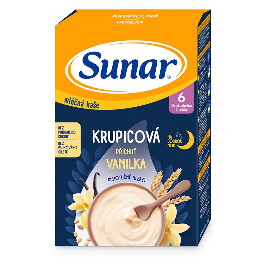 SUNAR Mliečna krupicová kaša vanilka na dobrú noc 6m 210 g