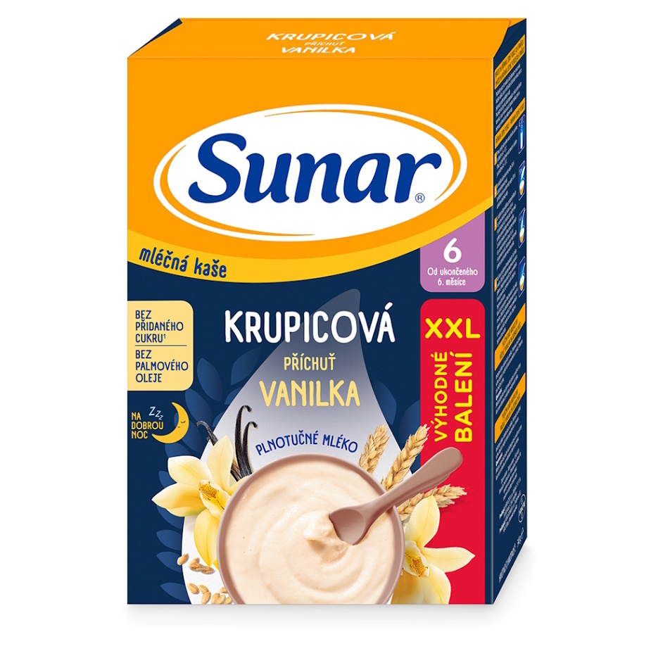 SUNAR Mliečna krupicová kaša vanilka na dobrú noc 6m 340 g