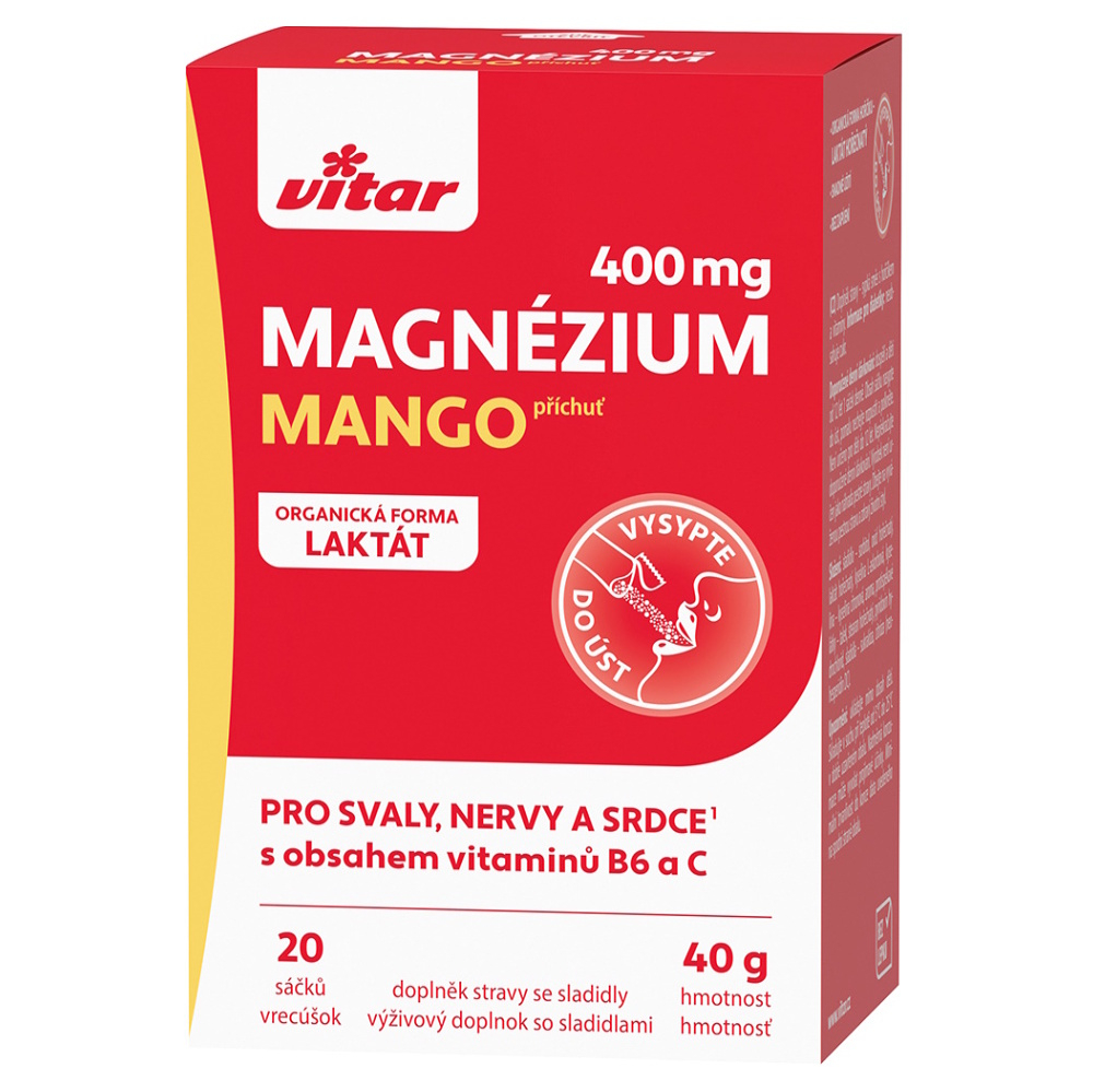 VITAR Magnézium 400 mg  vitamín B6  vitamín C s príchuťou mango 20 sáčkov, poškodený obal